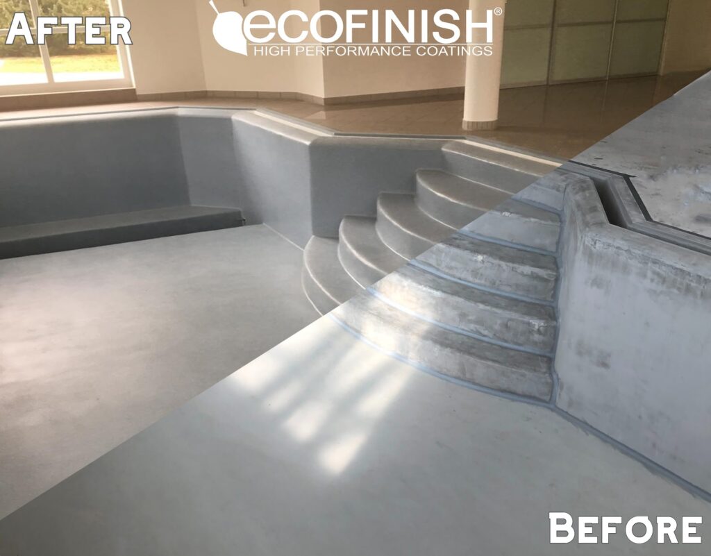 A diagonal "before and after" comparison of an indoor pool resurfacing project. The bottom-right "Before" section shows raw, stained grey concrete steps with visible construction marks. The top-left "After" section displays the same steps finished with a smooth, uniform light-grey high-performance coating.